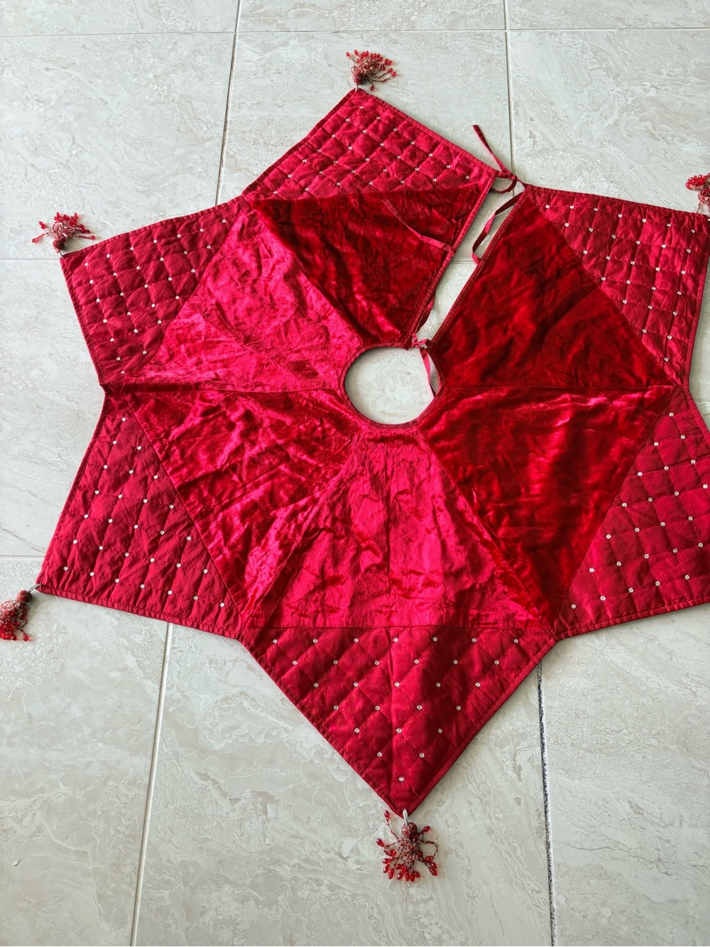 Red Velvet Quilted Star Tree Skirt with Tassels